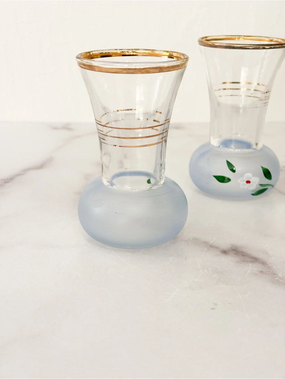Hand-Painted Floral Glass Bud Vases with Gold Rim - Light Blue